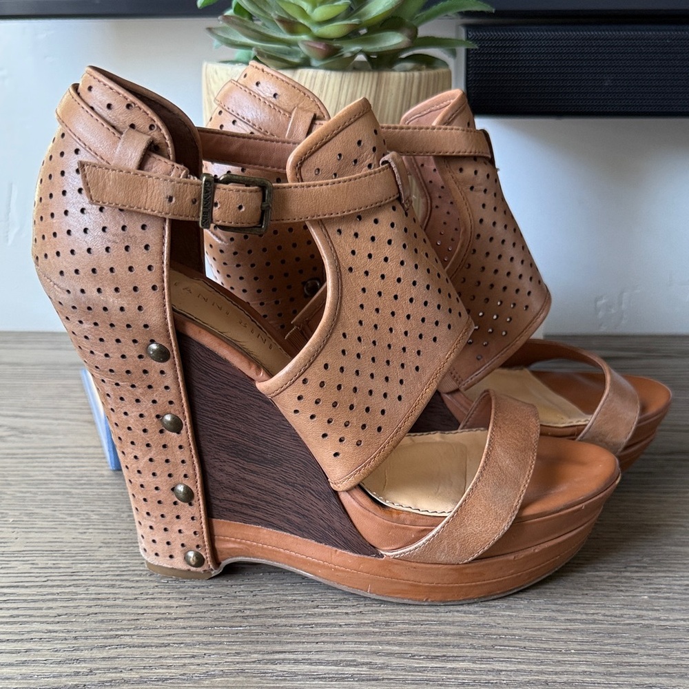 Gianni Bini Tan Perforated Wedge Sandals